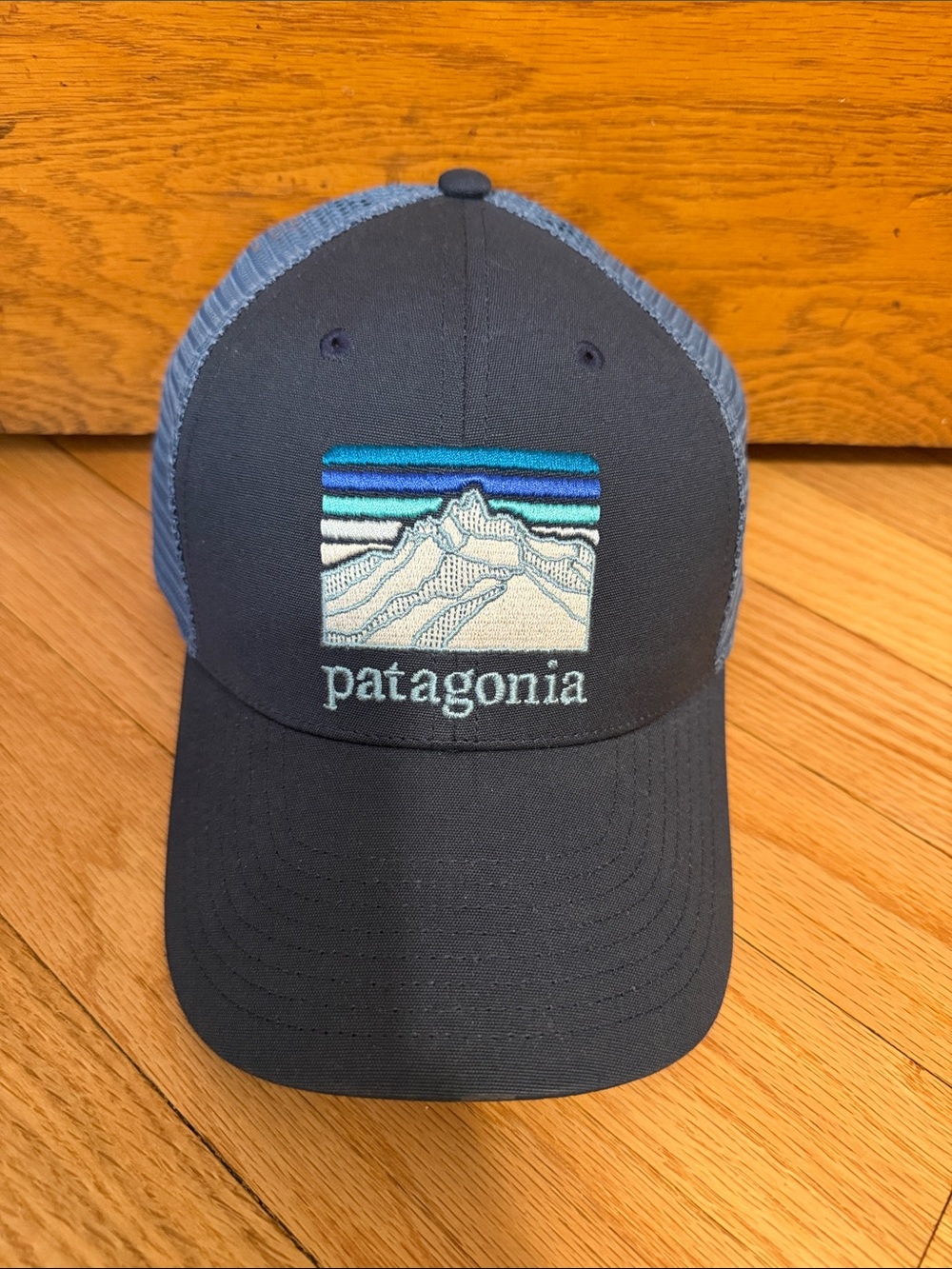 Patagonia Men's Navy Trucker Hat with Teal & Light Blue Embroidered Logo NWOT